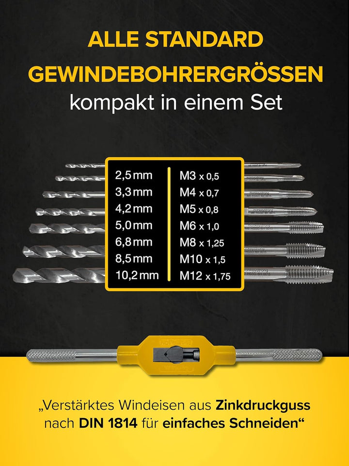 Gewindeschneider Set [aus HSS Stahl | mit Kernlochbohrer Satz] - 15 tlg. Gewindebohrer Set in belieb