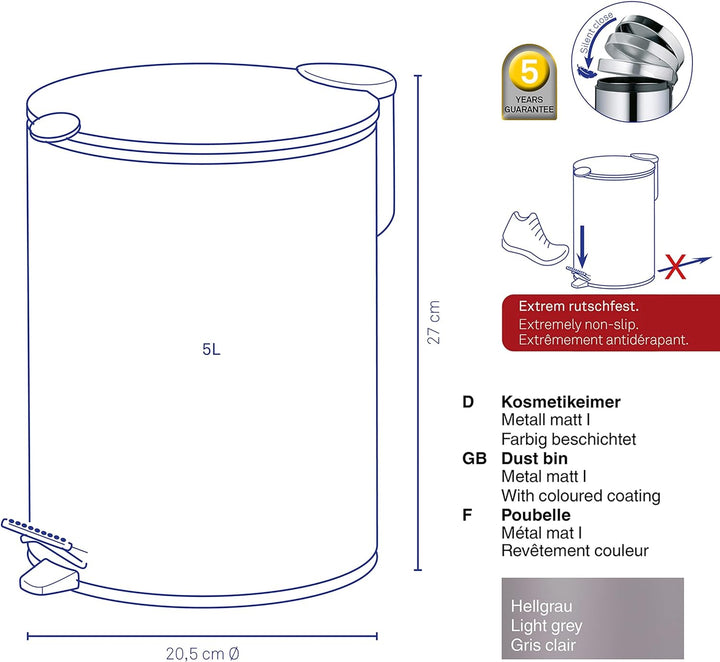 kela Kosmetikeimer Mats, 5 L, Ø 20,5 cm, Metall, hellgrau, Silent-Close, herausnehmbarer Inneneimer