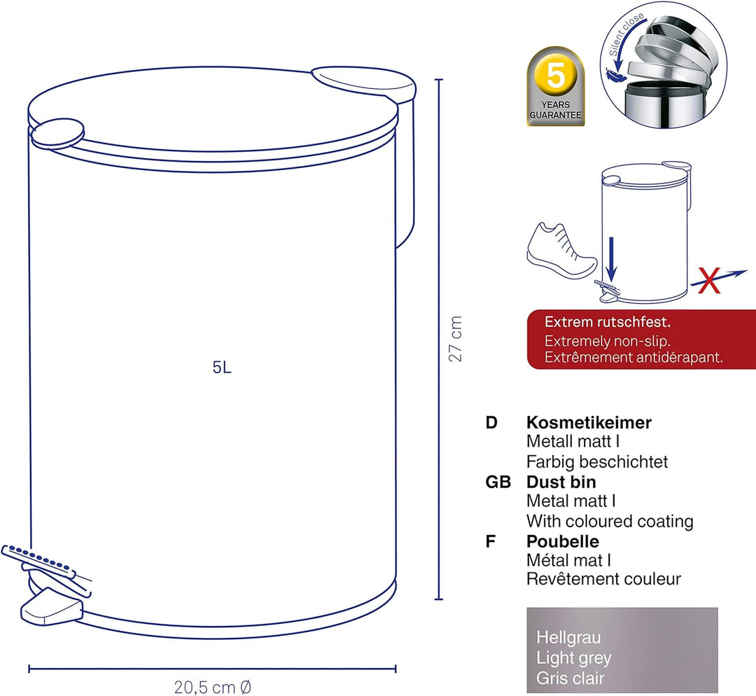 kela Kosmetikeimer Mats, 5 L, Ø 20,5 cm, Metall, weiss, Silent-Close, herausnehmbarer Inneneimer mit