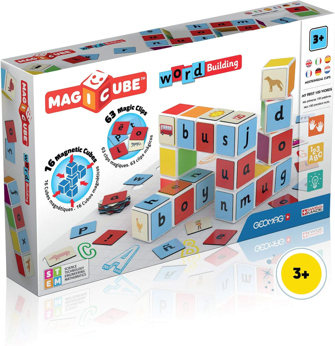 Geomag Magicube Word Building - 16 Magnetwürfel für Konstruktionen + 63 clip - Baukasten Lernspielze