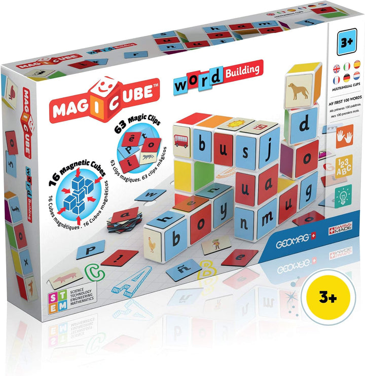 Geomag Magicube Word Building - 16 Magnetwürfel für Konstruktionen + 63 clip - Baukasten Lernspielze
