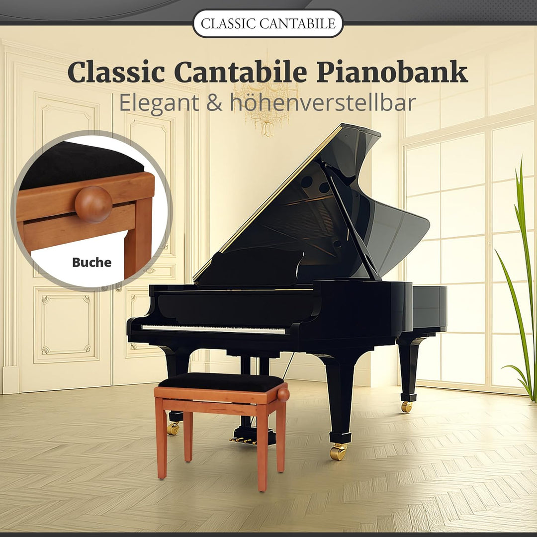 Classic Cantabile Pianobank Buche-matt (Höhenverstellbar von 47-56cm, Spindelmechanik, Sitzfläche 55