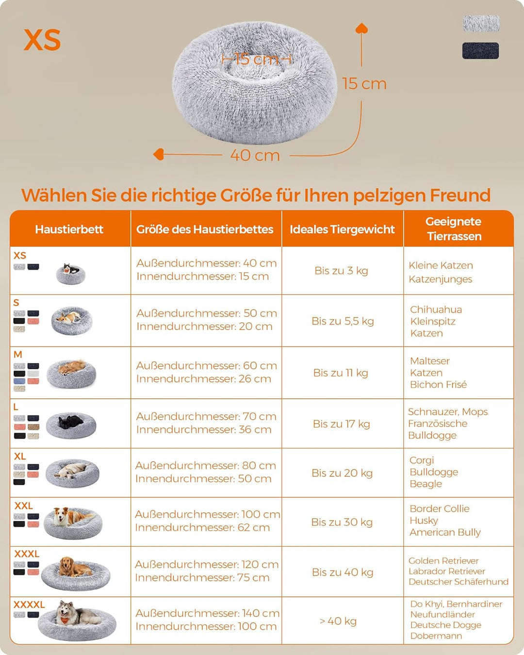 Feandrea Hundebett flauschig, Katzenbett, Donut Kissen, waschbar, Polsterung in der Mitte herausnehm