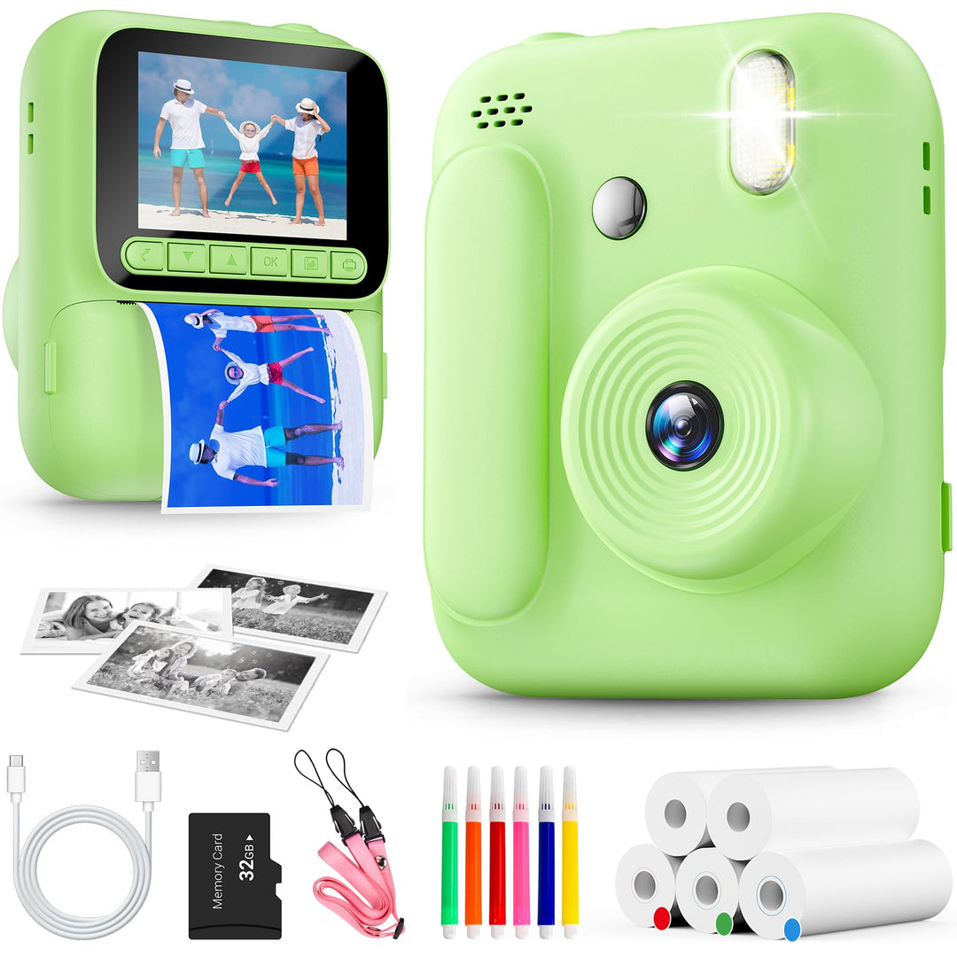 Sofortbildkamera für Kinder,1080P Kinderkamera mit 5 Rollen Druckpapier,32GB-Karte und Farbstiften,