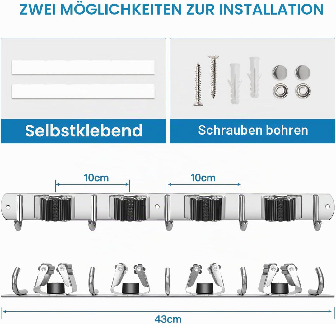 ibell 2 Stück Besenhalterung Wand, Gerätehalter Edelstahl mit 4 Halter und 5 Haken, Gartengerätehalt