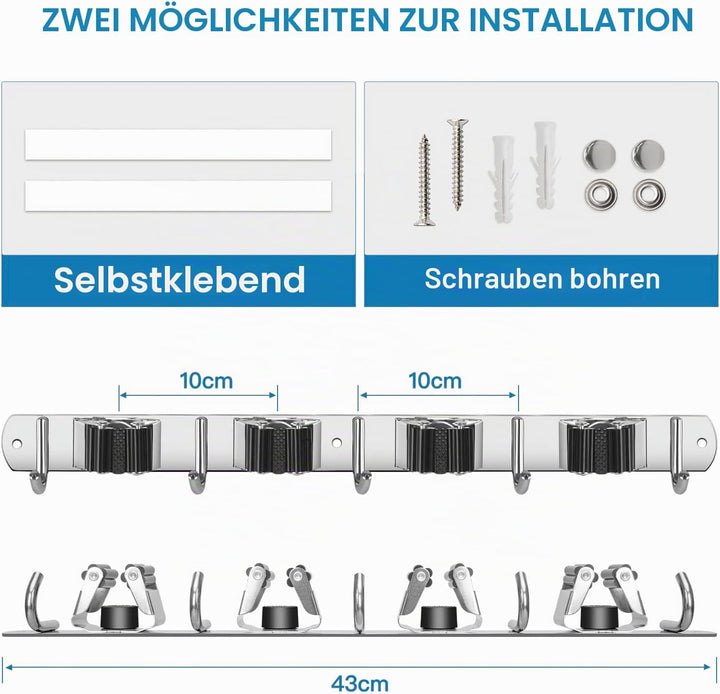 ibell 2 Stück Besenhalterung Wand, Gerätehalter Edelstahl mit 4 Halter und 5 Haken, Gartengerätehalt