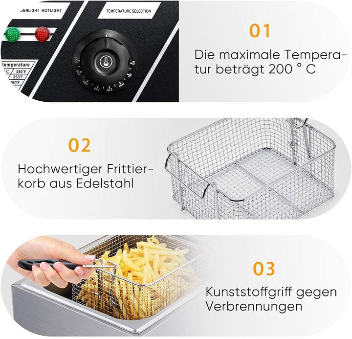 Friteuse mit Fett, 2200W Profi Fritteuse Edelstahl Semiprofessionelle Friteuse mit Öl Testsieger Ele