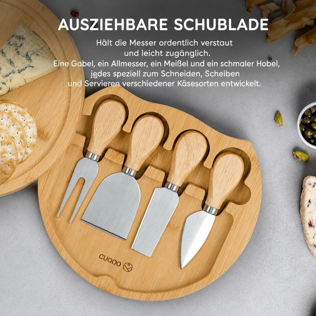 CUQOO Käsebrett-Set mit rundem Holzbrett mit integriertem herausziehbarem Messerfach, 3 Edelstahlmes
