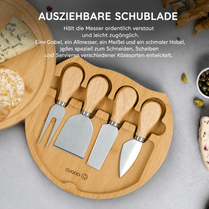 CUQOO Käsebrett-Set mit rundem Holzbrett mit integriertem herausziehbarem Messerfach, 3 Edelstahlmes