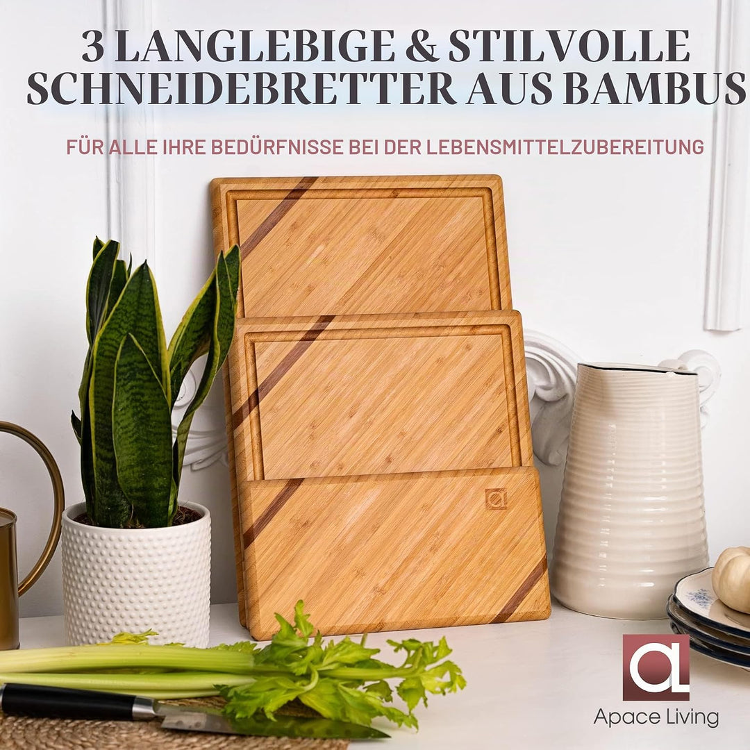 Chorus Schneidebrett Holz (3er Set) - Luxuriöses Bambus Holzbrett Küche, Tranchierbrett, Küchen Schn