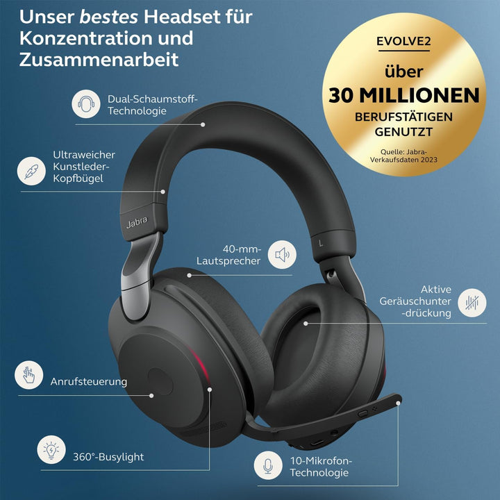 Jabra Evolve2 85 Wireless PC-Headset mit mikrofon - Geräuschunterdrückung UC-zertifizierter Stereo-K