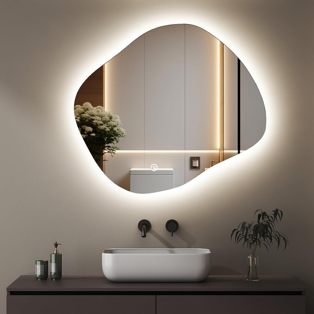 Boromal Asymmetrischer Badspiegel mit Beleuchtung 84x74cm LED Asymmetrischer Spiegel mit Beleuchtung