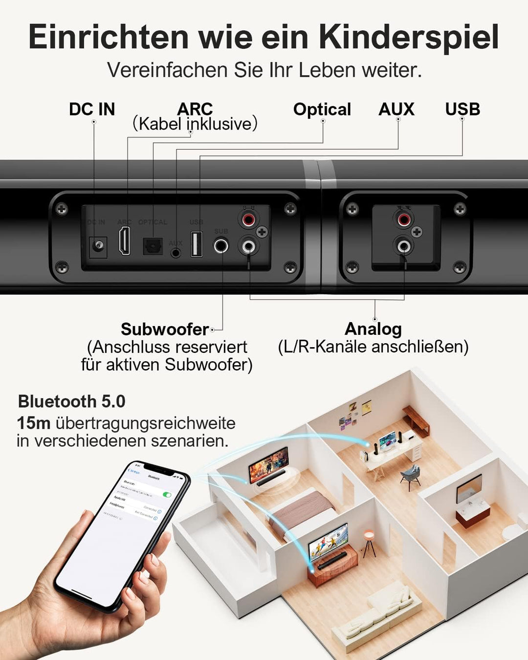 ULTIMEA 2.2-Kanal Soundbar für TV Geräte, teilbare 2-in-1 Soundbar für Fernseher, Bluetooth 5.3 TV-S