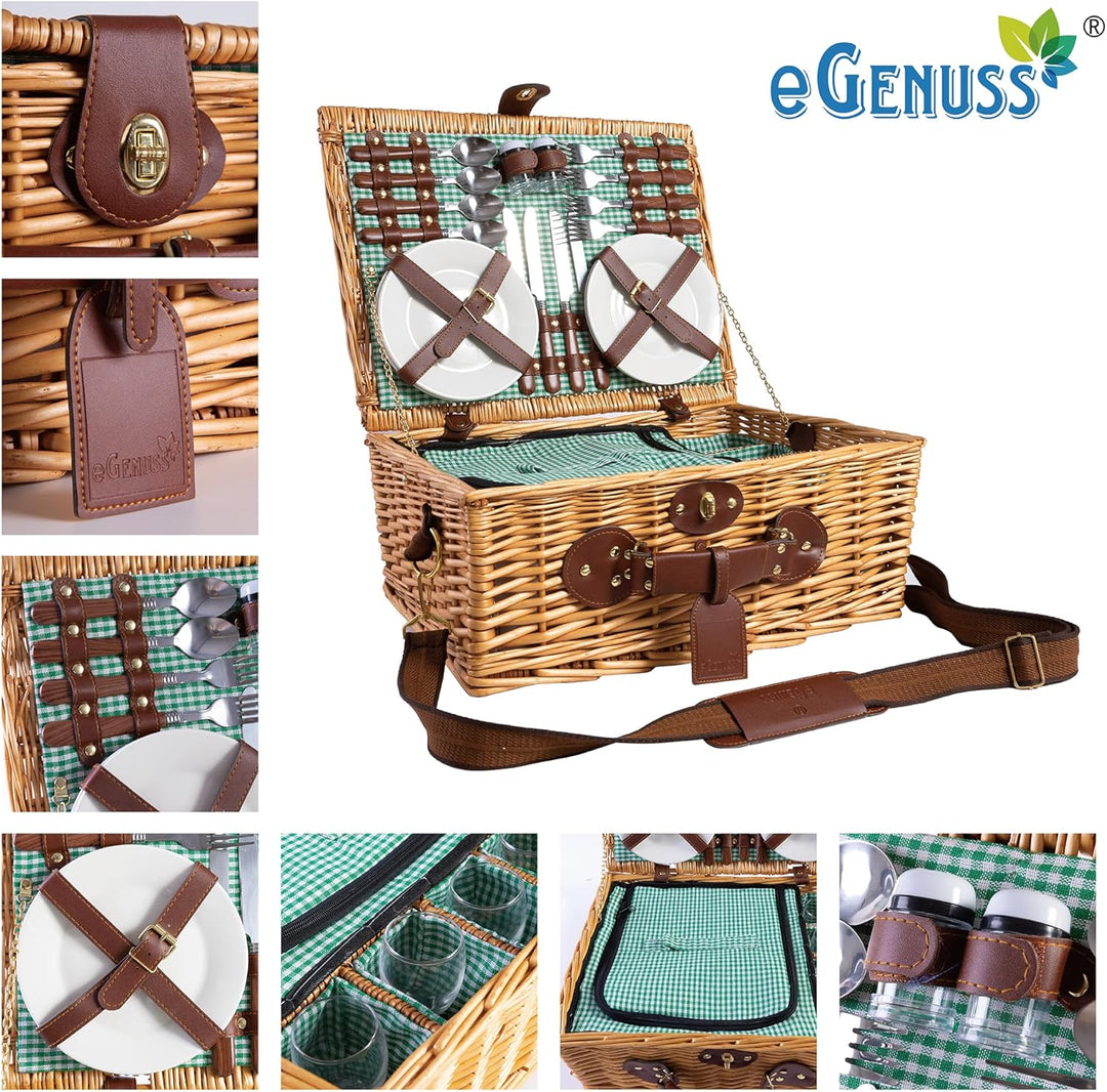 Picknickkorb 4 Personen Grün mit Kühlfach & Schultergurt – Picknicktasche Naturweide inkl. Teller Gl