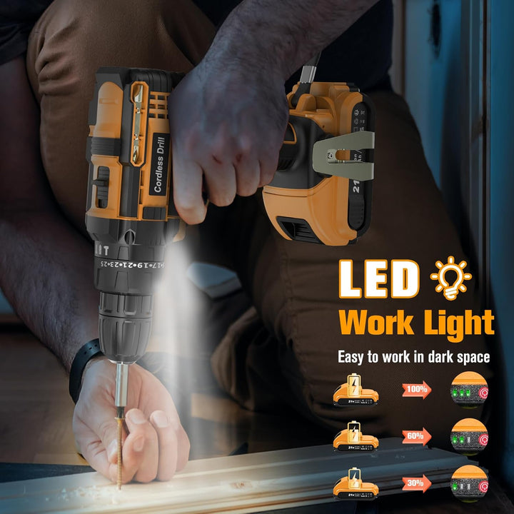 Akkuschrauber 21V, Bohrschrauber mit 2 Akkus 2.0Ah, 42Nm Akku Bohrmaschine, 2 Gang, 25+3 Drehmoments