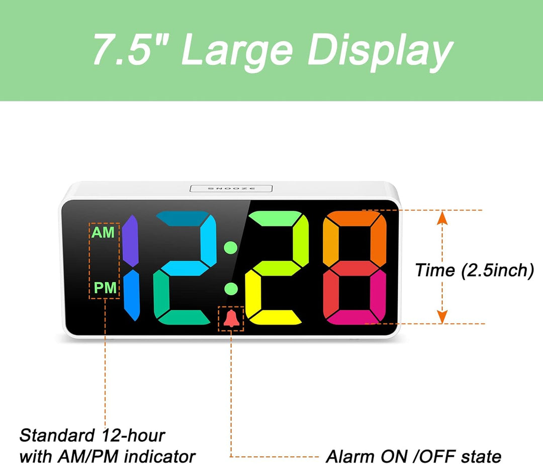 Welgo Digitaler LED-Wecker, Regenbogenfarben, 0–100 % Dimmer, USB-Ladeanschluss, grosse Zahl, kräfti
