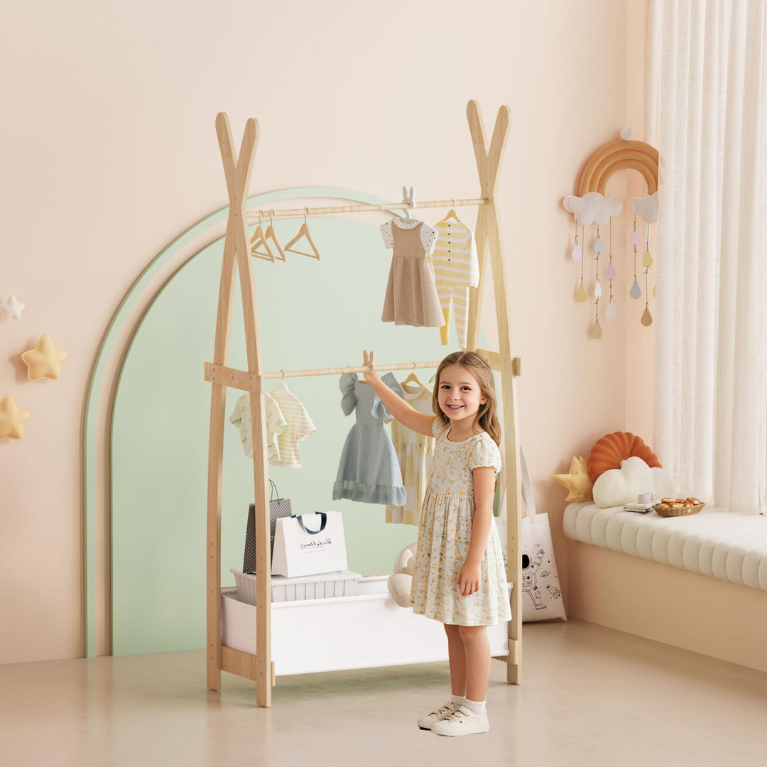 Kinder Kleiderständer Holz, Garderobenständer mit Aufbewahrungskiste und Kleiderstange, Kindergarder