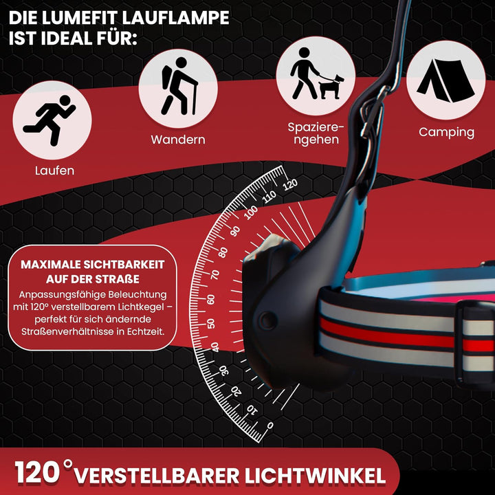 LUMEFIT Lauflicht mit Reflektoren, ideal zum Joggen und Laufen, mit 500 Lumen FrontTaschenlampe, 90°