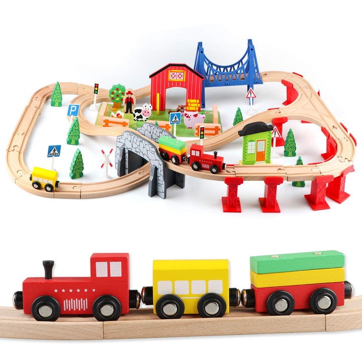 Jacootoys 80 Teile Holzeisenbahn Set Eisenbahn aus Holz Zug Spielzeug kombinierbar Spielzeugeisenbah