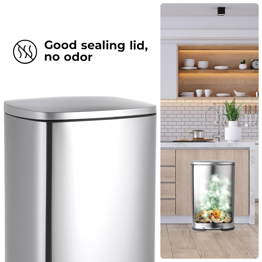 LIFERUN Mülleimer 50l aus Edelstahl, Abfalleimer mit Deckel, Soft-Close Tretmülleimer, Grosser Trete