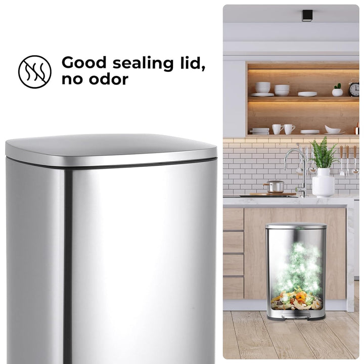 LIFERUN Mülleimer 50l aus Edelstahl, Abfalleimer mit Deckel, Soft-Close Tretmülleimer, Grosser Trete