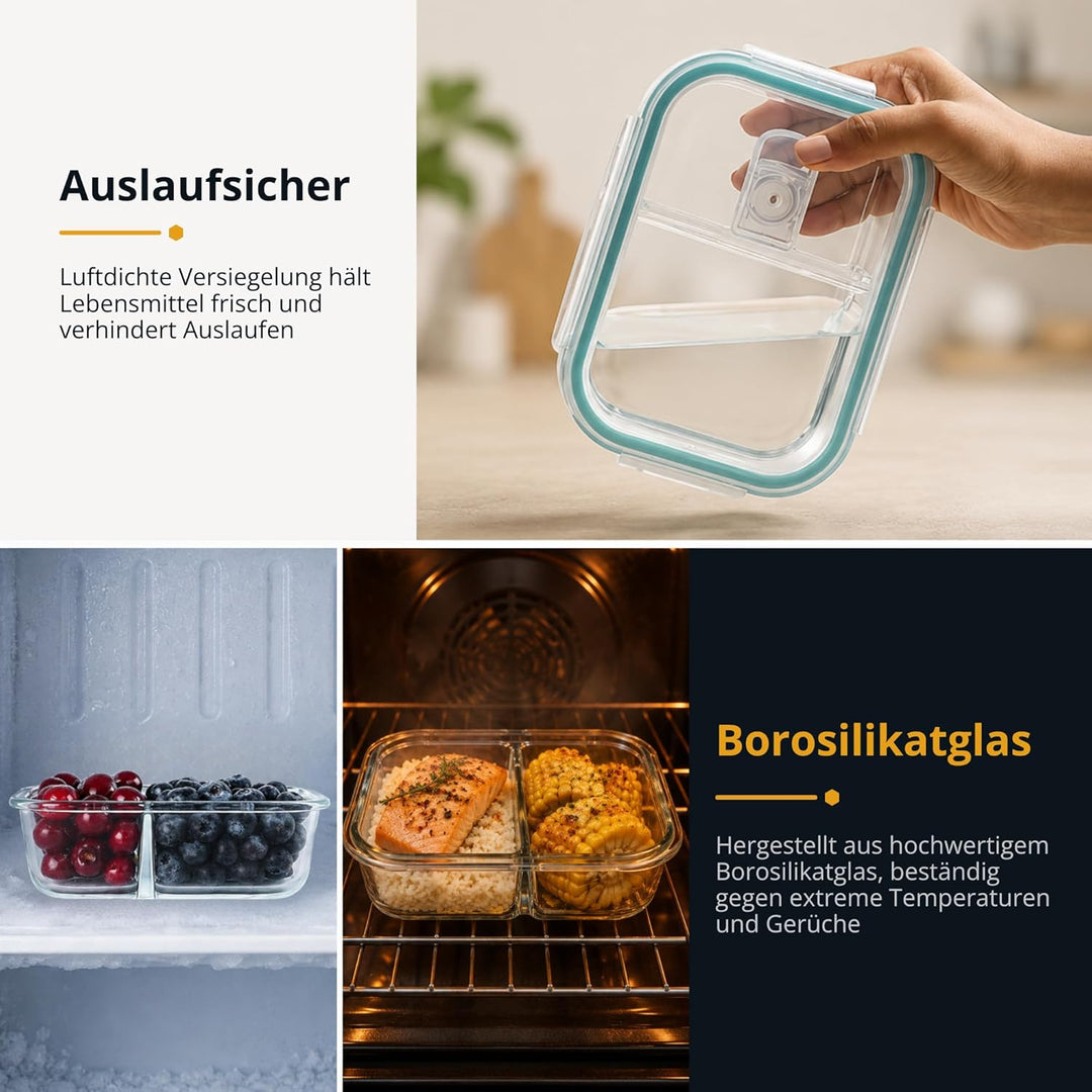 Winter Shore Meal Prep Boxen Glas mit 2 Fächern (5er-Pack) - Lebensmittelsichere, BPA-Freie, Auslauf