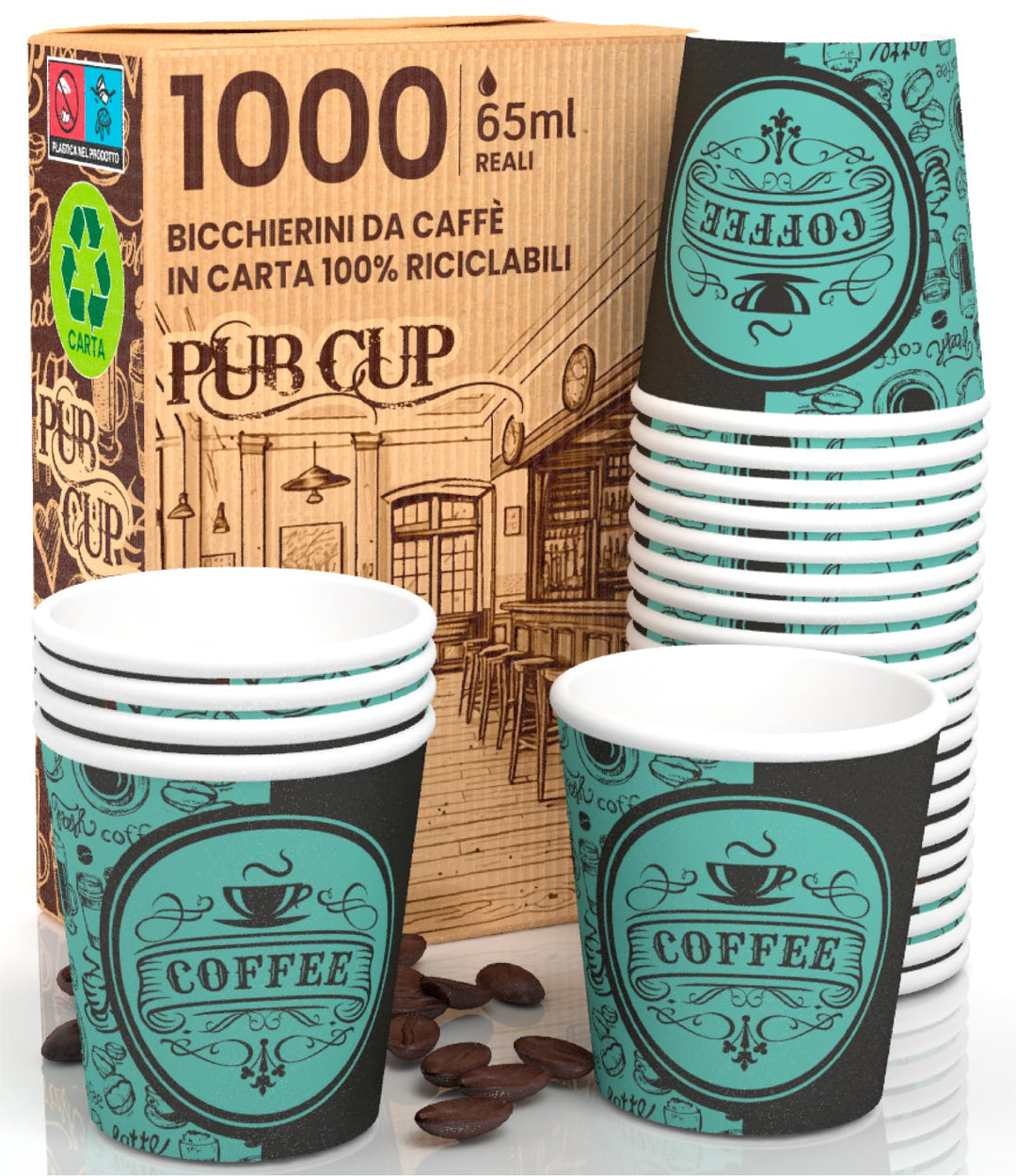 PubGreenCUP 1000 Kaffeebecher aus Papier, 65 ml, umweltfreundlich, biologisch abbaubar, Einwegbecher