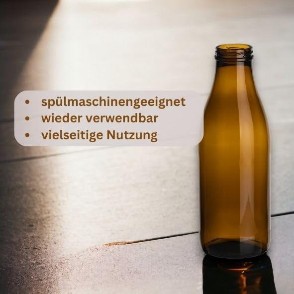 gouveo 20er Set Saftflasche 1000 ml Antik mit Schraubdeckel goldfarben - Braune Glasflasche 1 Liter