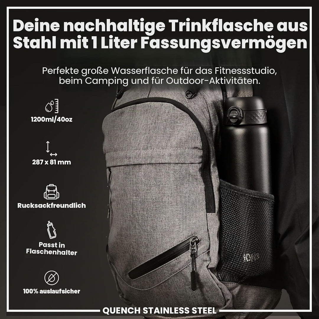ION8 1 Liter Leicht Edelstahl Trinkflasche, Nicht Isoliert, Auslaufsicher, Einhandöffnung, Sichere V