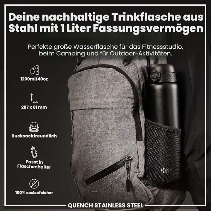 ION8 1 Liter Leicht Edelstahl Trinkflasche, Nicht Isoliert, Auslaufsicher, Einhandöffnung, Sichere V