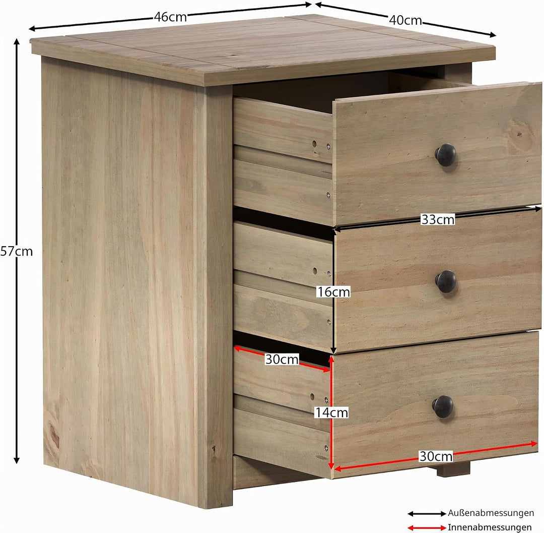 Panama Nachttisch mit Drei Schubladen von Vida Designs 40 x 46 x 57 cm Eiche Natur, 40 x 46 x 57 cm