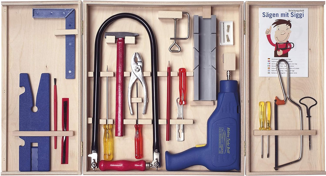 Pebaro 408PL Qualitäts-Laubsägeschrank, 28 Teile, komplettes Set im Holzschrank, Stahlwerkzeuge, Lau