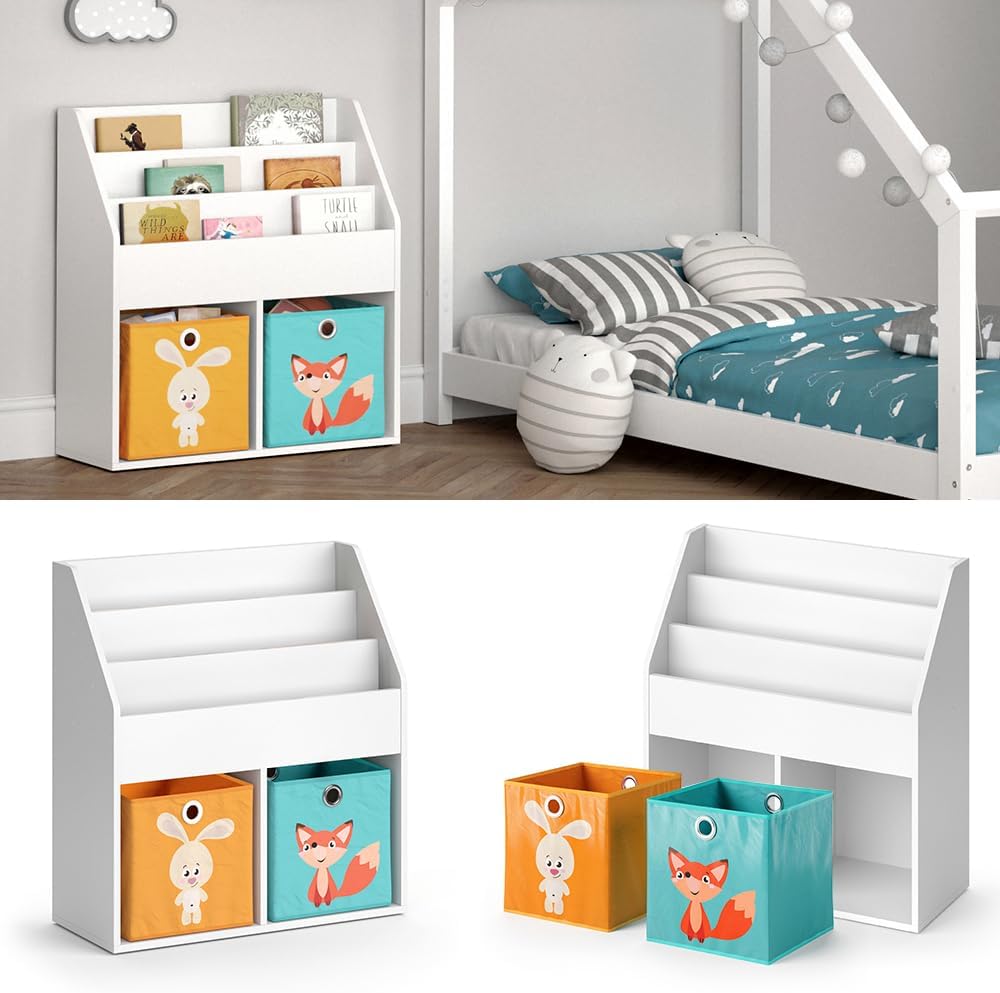 Vicco Kinderregal Luigi, Weiss, 72 x 79 cm mit 2 Faltboxen Opt.1 Weiss 72x79 mit Faltboxen Fuchs/Has