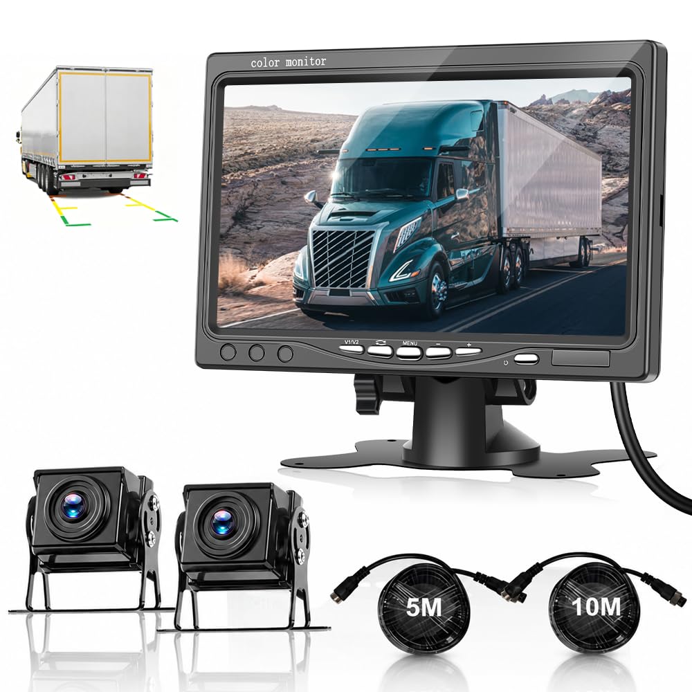 NHOPEEW Rückfahrkamera Kit mit 7 Zoll Monitor - Double 1080P Backup-Kamera Unterstützung IP69 wasser