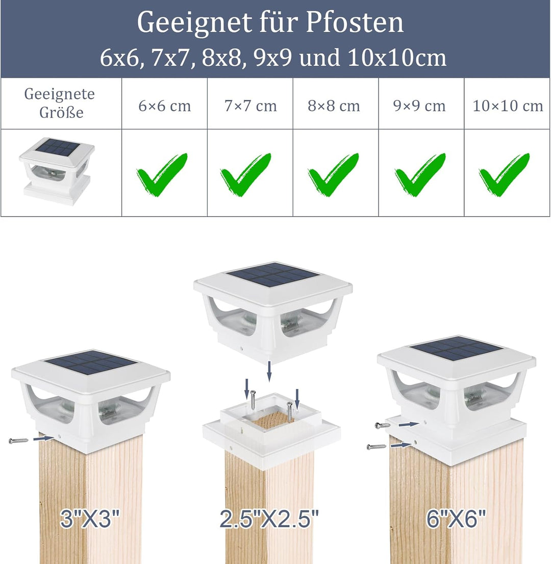 2pcs Pfostenkappe Solar 7x7 8x8 9x9 10x10, Solar Zaunpfosten Leuchte Solar Post Cap Light Solar Pfos