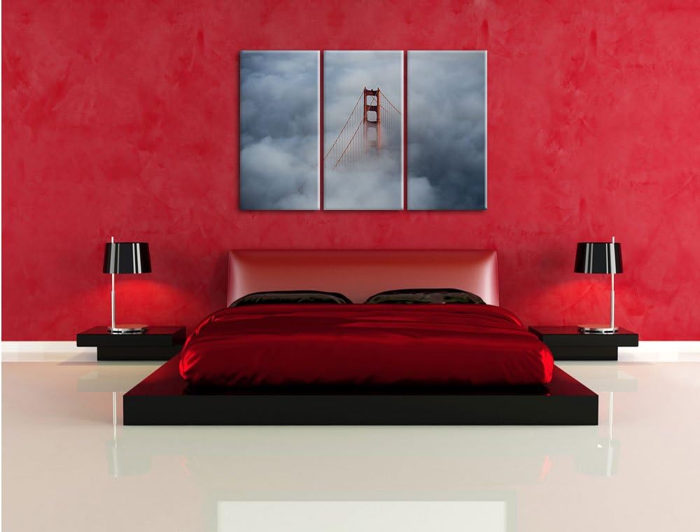 Pixxprint Golden Gate Bridge über den Wolken / 3-Teilig/Gesamtmass 120cm Leinwandbild bespannt auf H