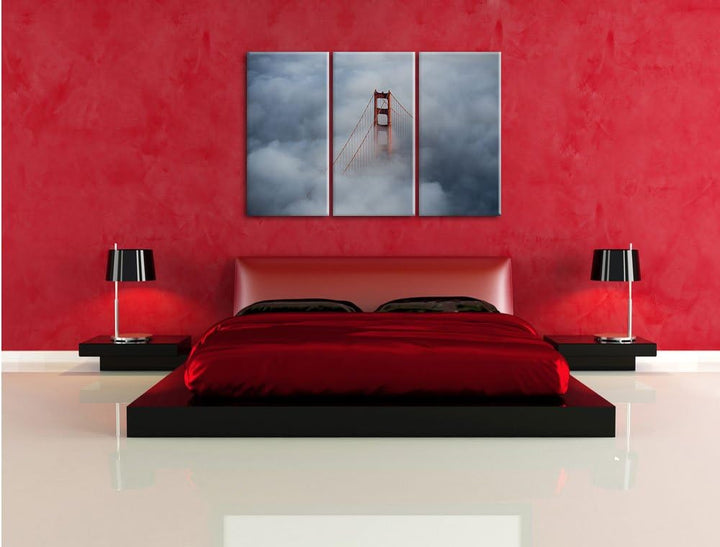 Pixxprint Golden Gate Bridge über den Wolken / 3-Teilig/Gesamtmass 120cm Leinwandbild bespannt auf H