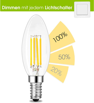 linovum fourSTEP Dim E14 LED 6er Pack Kerze Filament - 'Dimmbar ohne Dimmer' mit jedem Lichtschalter