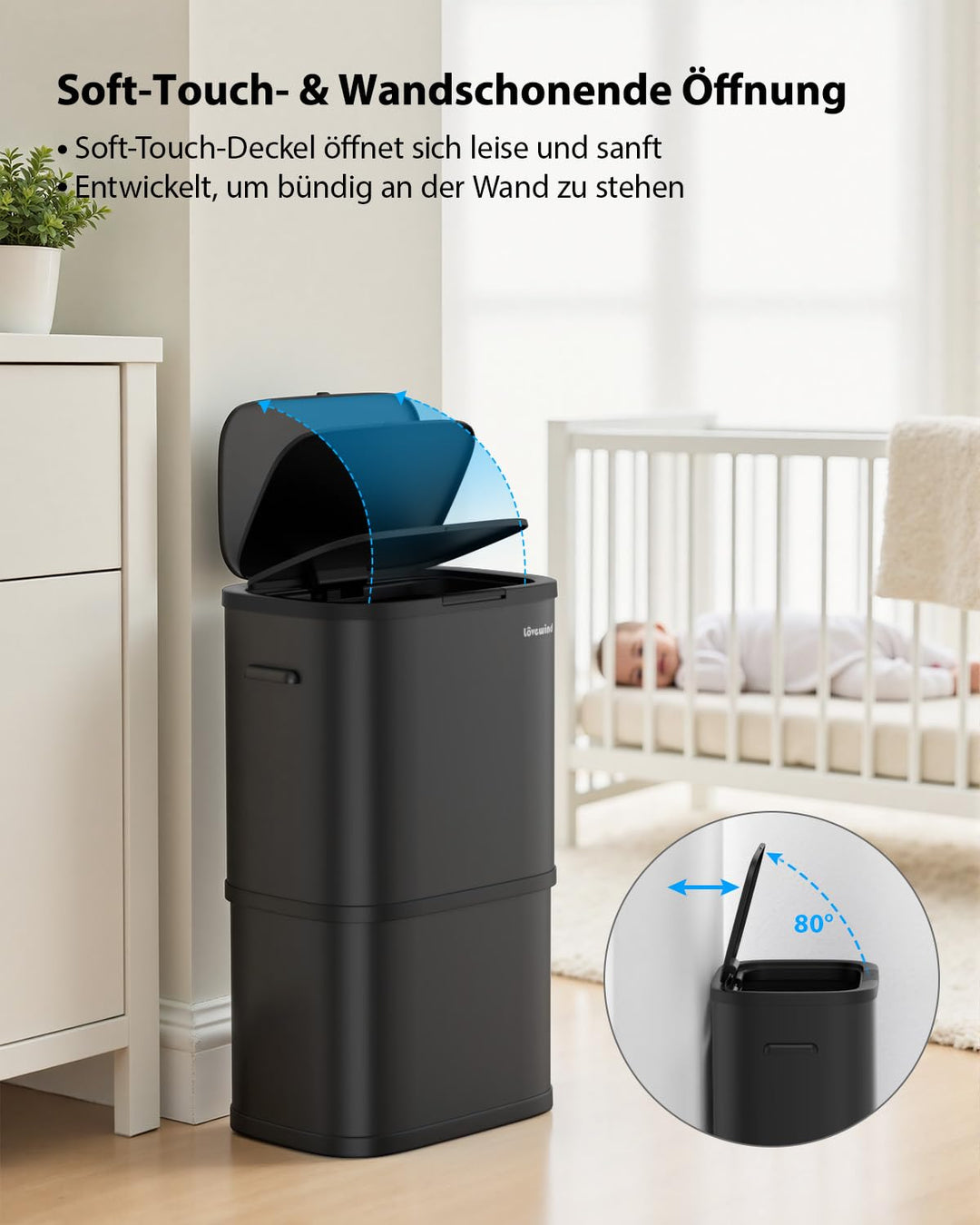 lovewind Mülleimer Küche 60L Edelstahl, Abfalleimer küche mit Deckel, Soft-Close Verschluss, Werkzeu