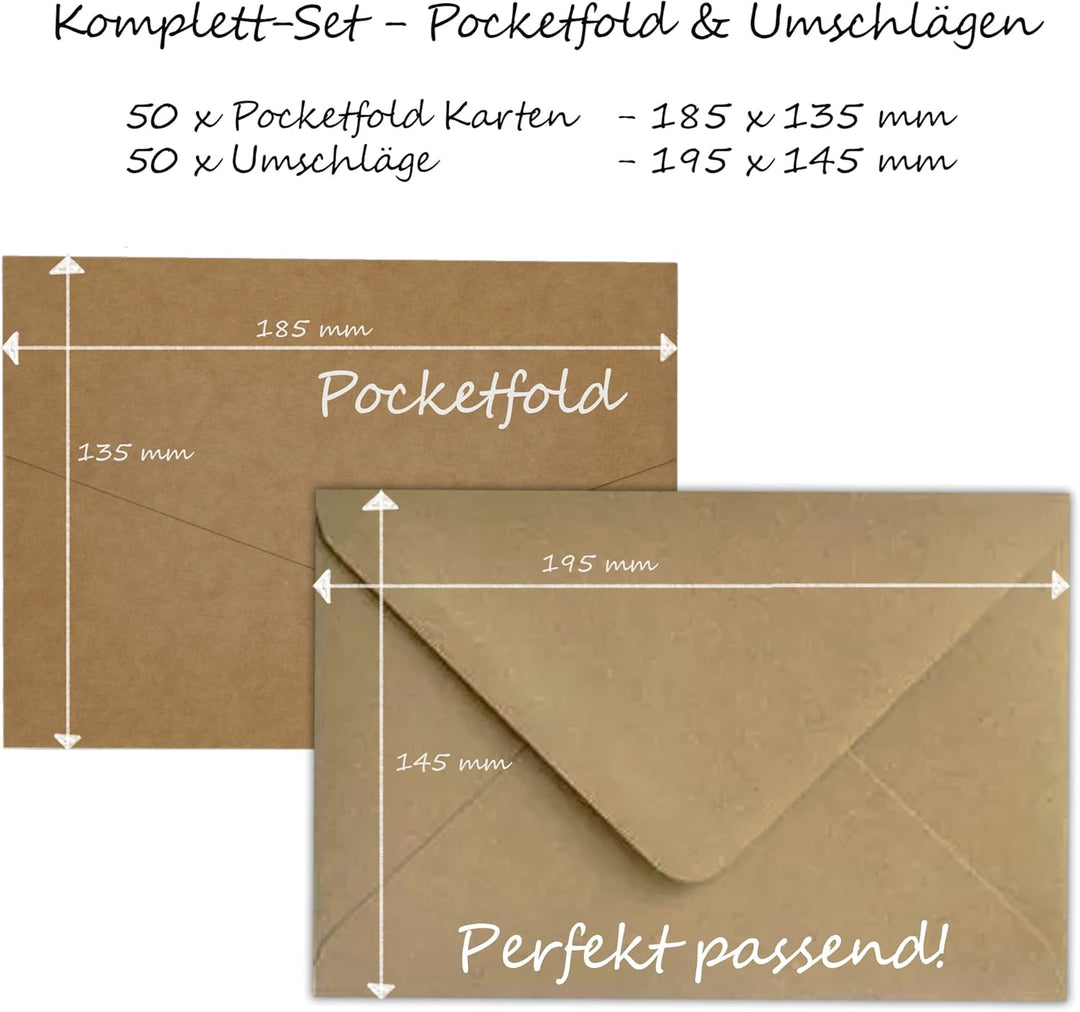 50 Stück Pocketfold Kraftpapier Hochzeitskarte blanko I 121 x 158 mm für DIN B6 Umschlag | 300 g/m²