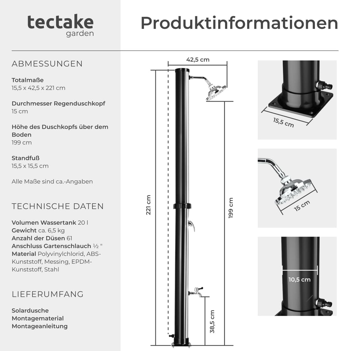 tectake® Gartendusche mit Duschkopf gross und Wasserhahn für Füsse, Solardusche 20l, solar Shower Au