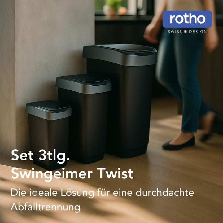 Rotho Twist Mülleimer-Set, 3 Stück, mit Klappdeckel, BPA-frei, schwarz/silber, 10L, 25L und 50L