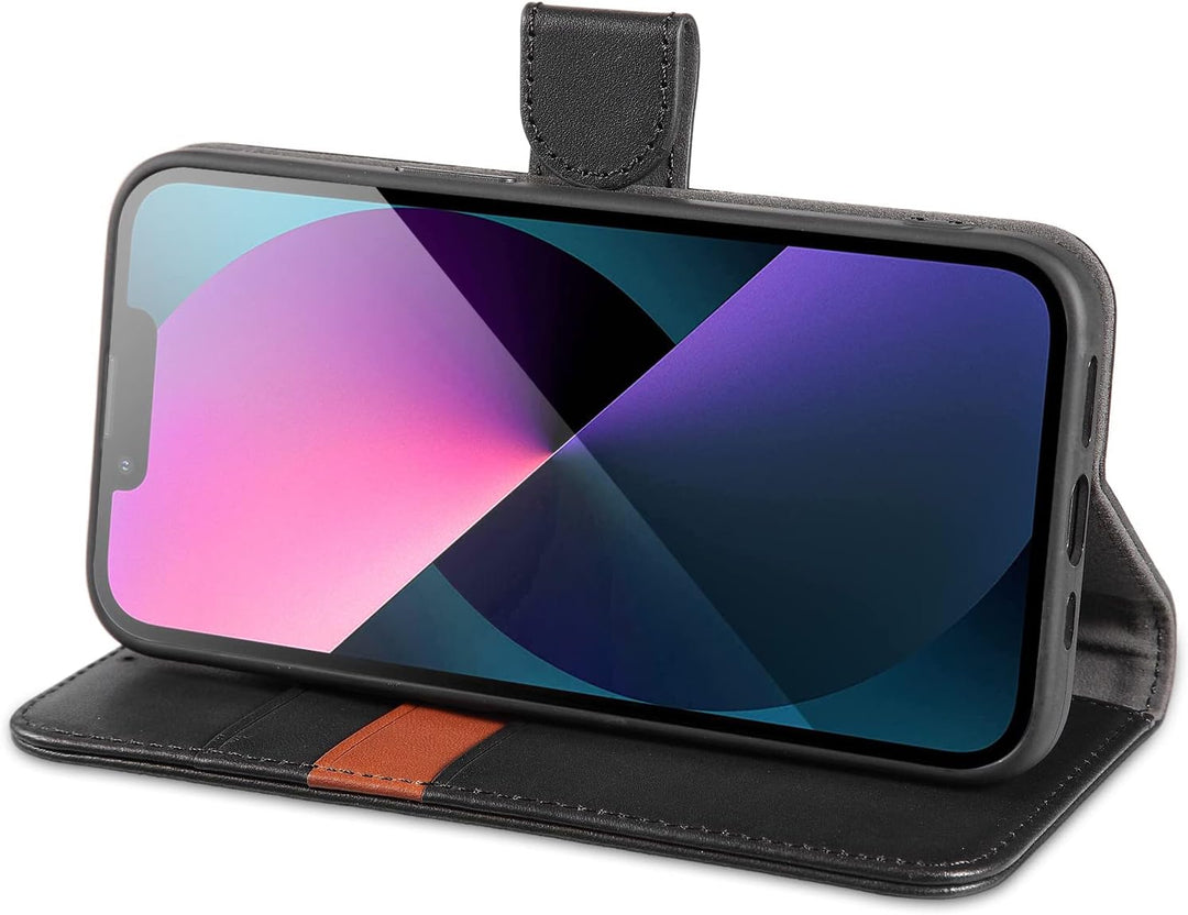 LENSUN Echtleder Hülle für iPhone 13 5G, Handyhülle [Echtes Leder][Magnetverschluss][RFID Schutz] Ha