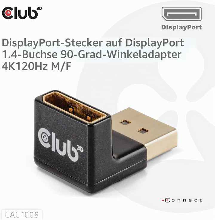 Club3D CAC-1008 DisplayPort Stecker auf DisplayPort 1.4 Buchse 90 Grad abgewinkelter Adapter 4K120Hz