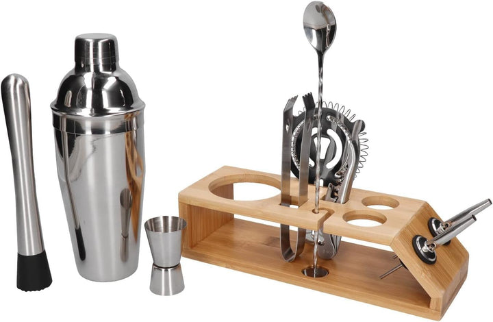 Whiskey Rocks 10-er Edelstahl Cocktail Set mit Bambusständer - Barkeeper Set mit Metall Shaker, Jigg