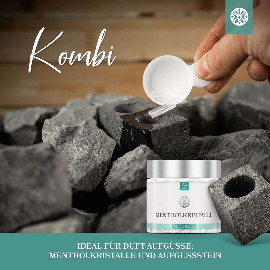 LoWell - Sauna Set Mentholkristalle 100g + Aufgussstein - Perfekte Kombination und Ideal als Geschen