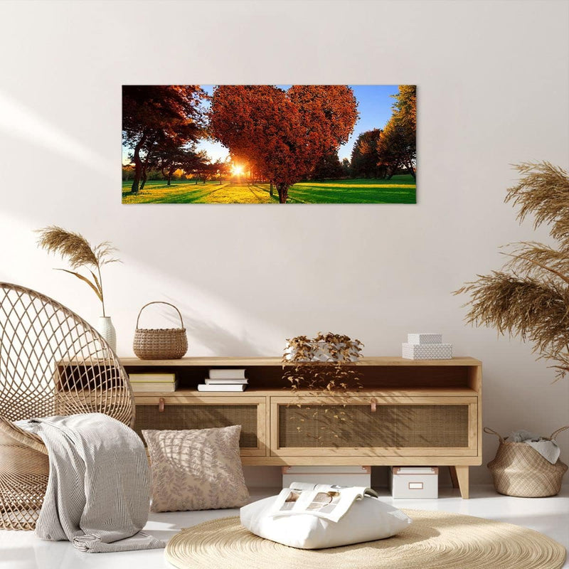 Wandbilder Dekoration Wohnzimmer Baum Park Frühling Herz Panorama Bilder auf Leinwand 120x50cm Leinw