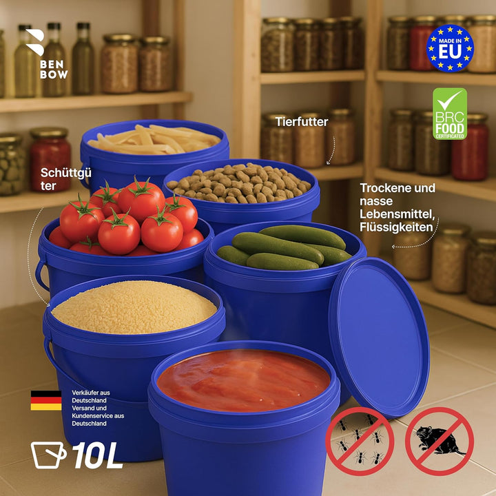 BenBow Eimer mit Deckel 10l blau 5X 10 Liter - lebensmittelecht, stabil, luftdicht, auslaufsicher, g