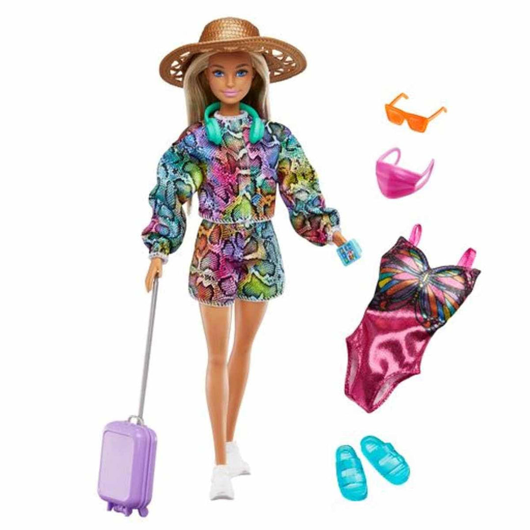 Barbie Puppe & Zubehör Set, Urlaub Spass Sommer Reise Modepuppe, Blond mit Regenbogen Jogger Top & S