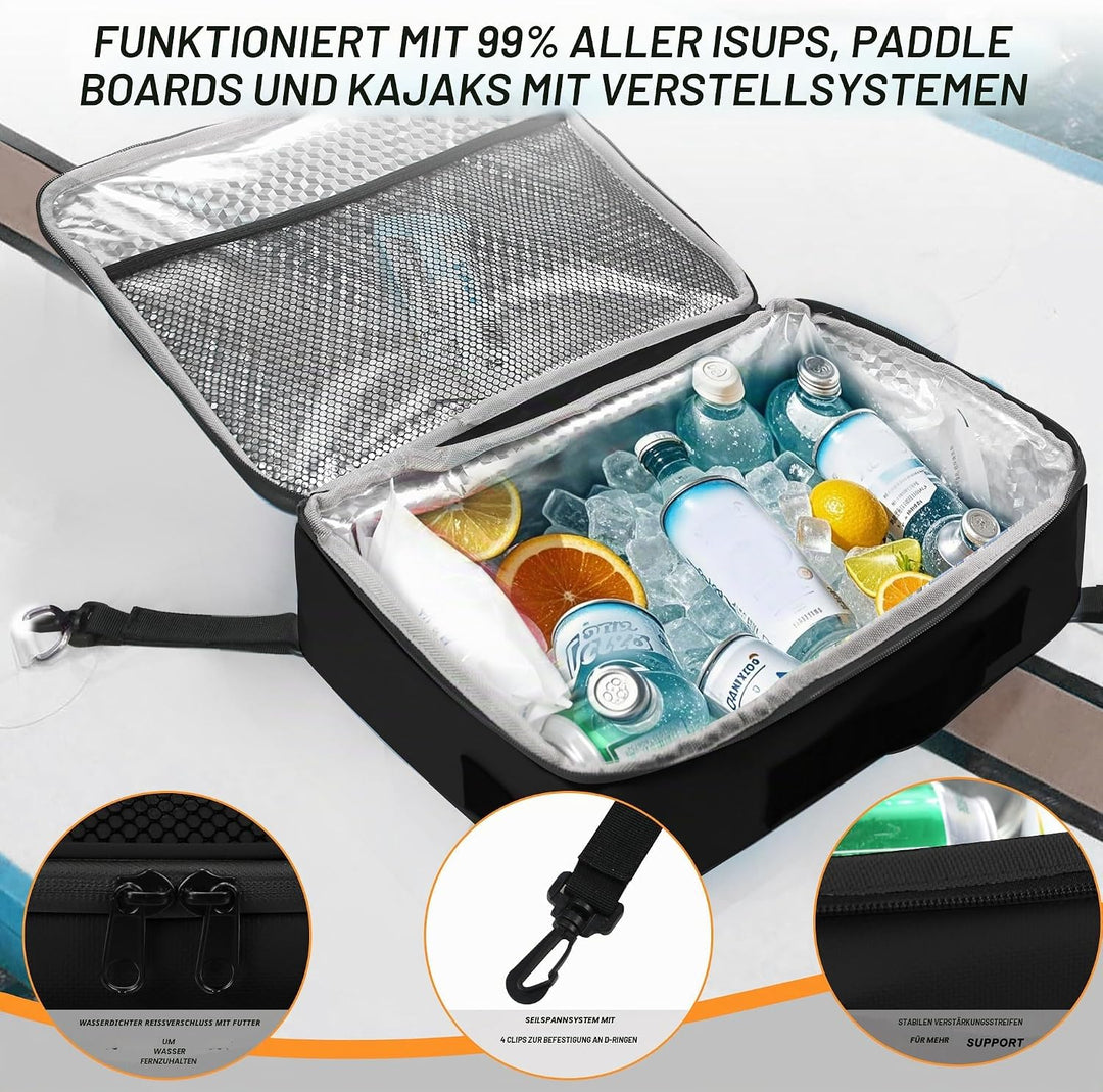 SUP Deck Kühltasche – Decktasche wasserdicht, Seitengriff, Schultergurt, Netztasche oben, Deckzubehö